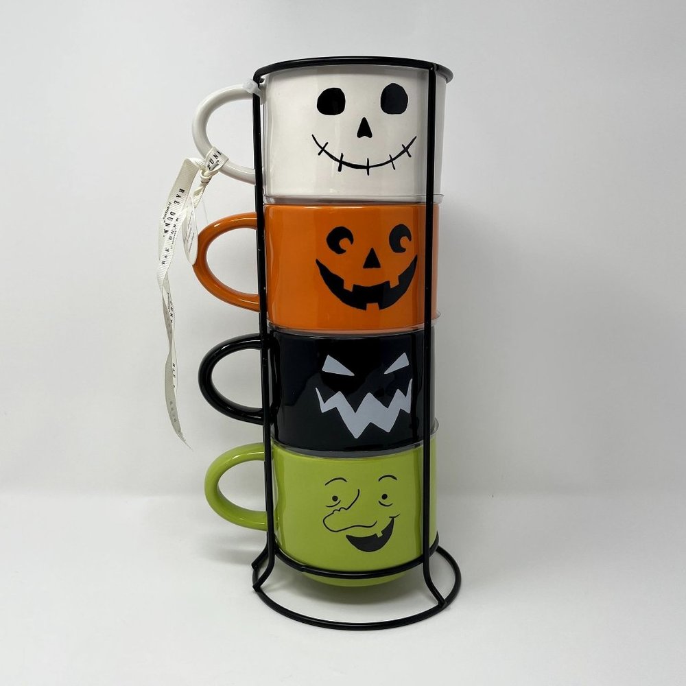 Rae Dunn Halloween Spooky Treats Boo Wicked Mug Set w/ Metal Stand NWT